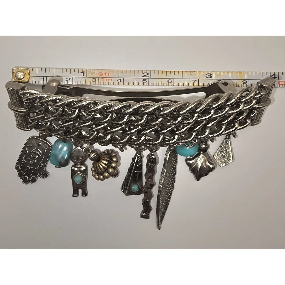 Vintage Hair Clip Barrette Silver Tone With Dangle Charms‎ And Teal Stones -534
